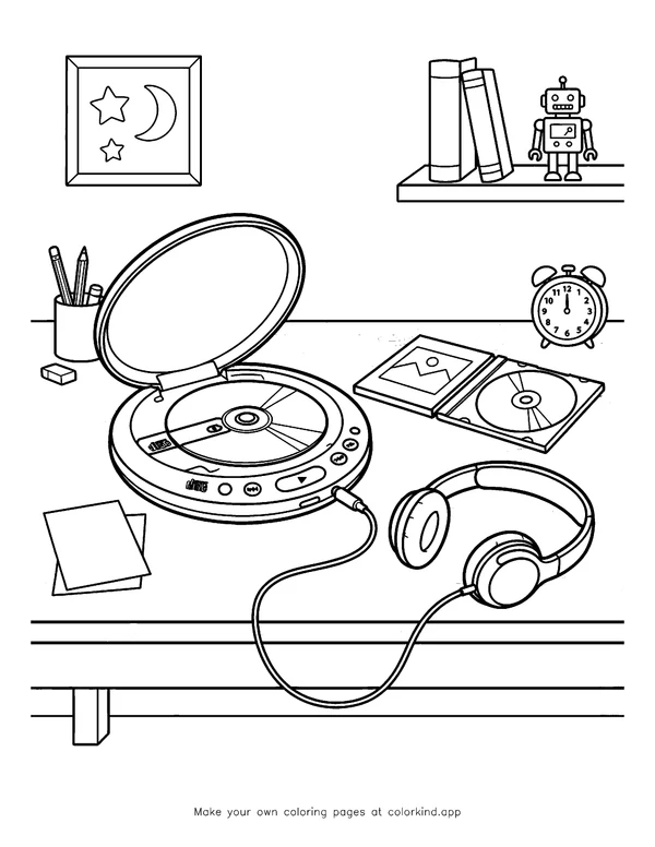 Portable CD Player and Headphones as black-and-white printable coloring art
