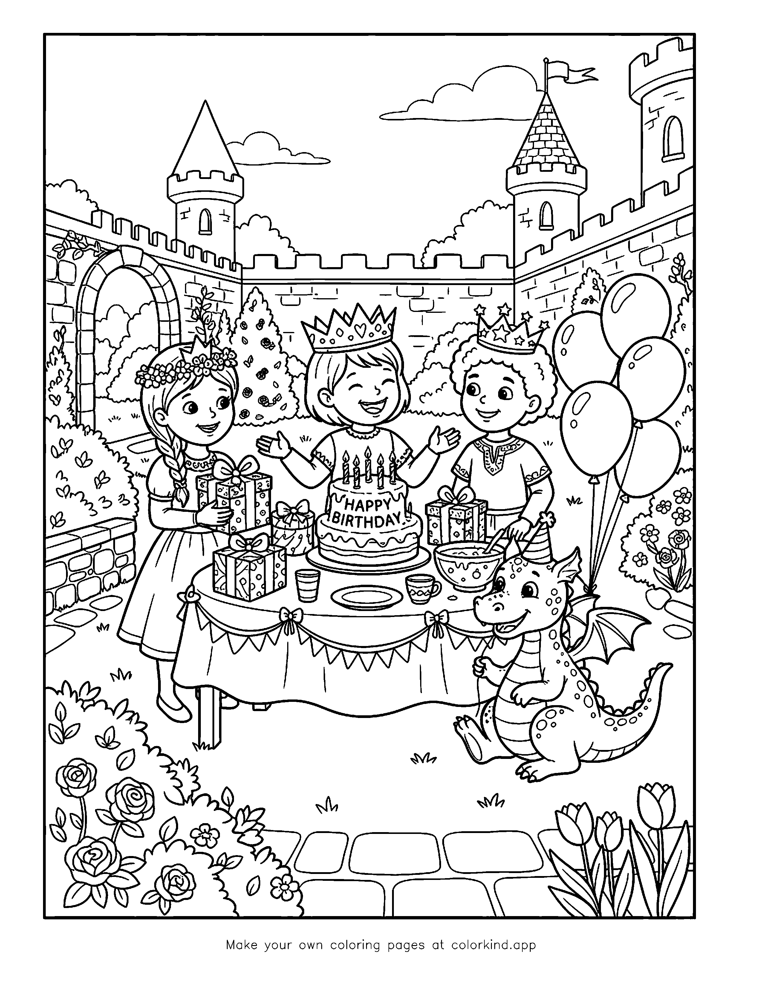 Princess Birthday Party in the Castle Garden as black-and-white printable coloring art
