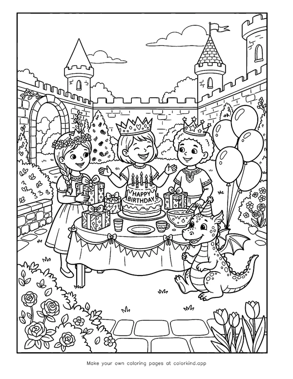 Princess Birthday Party in the Castle Garden as black-and-white printable coloring art