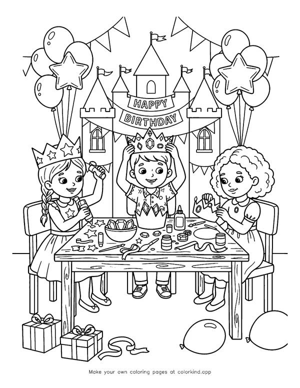Decorating Crowns at a Princess Party as black-and-white printable coloring art
