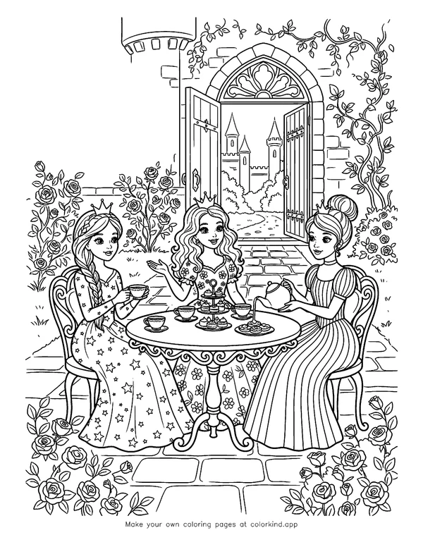Princess Tea Party as black-and-white printable coloring art
