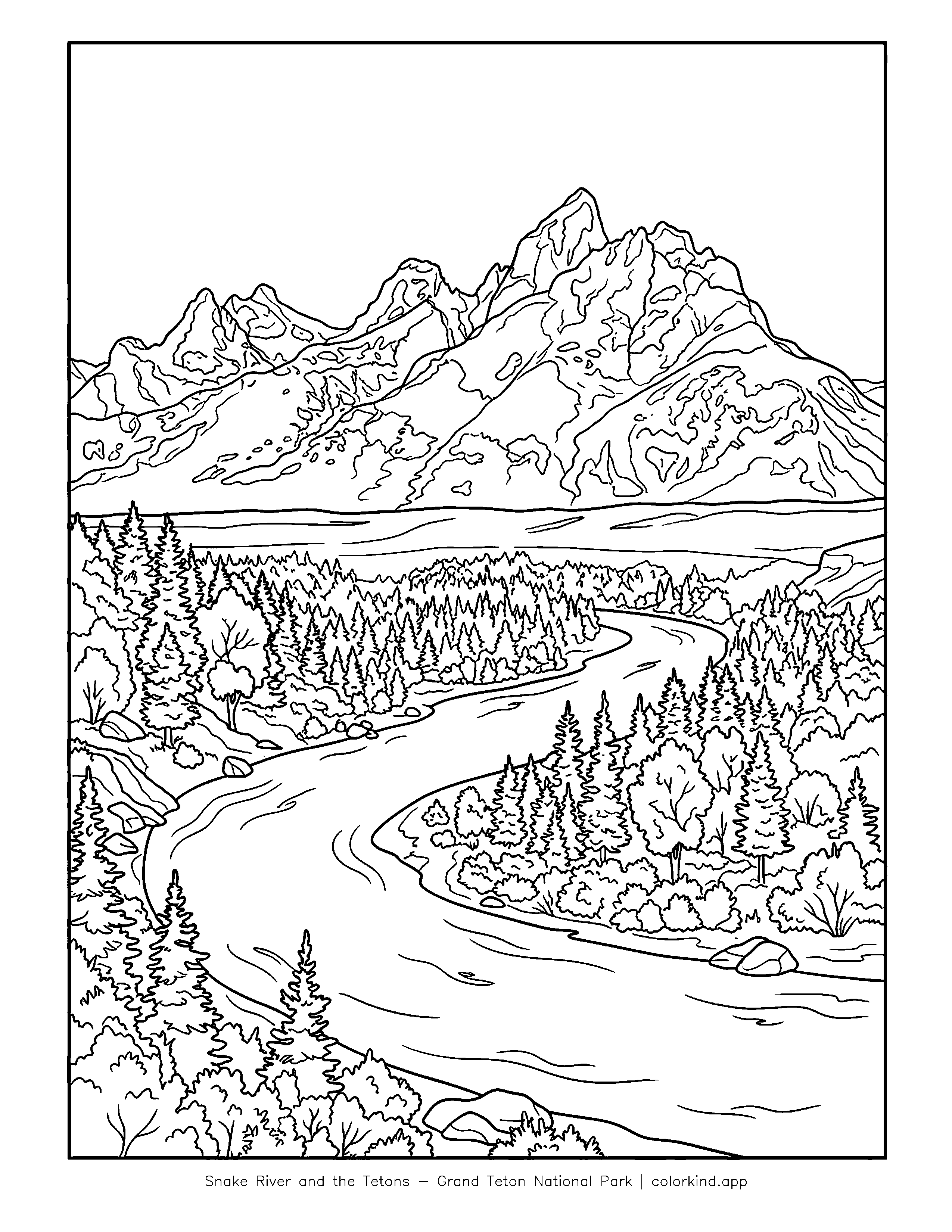 A bend in the Snake River beneath the Teton mountain skyline in a black-and-white coloring illustration