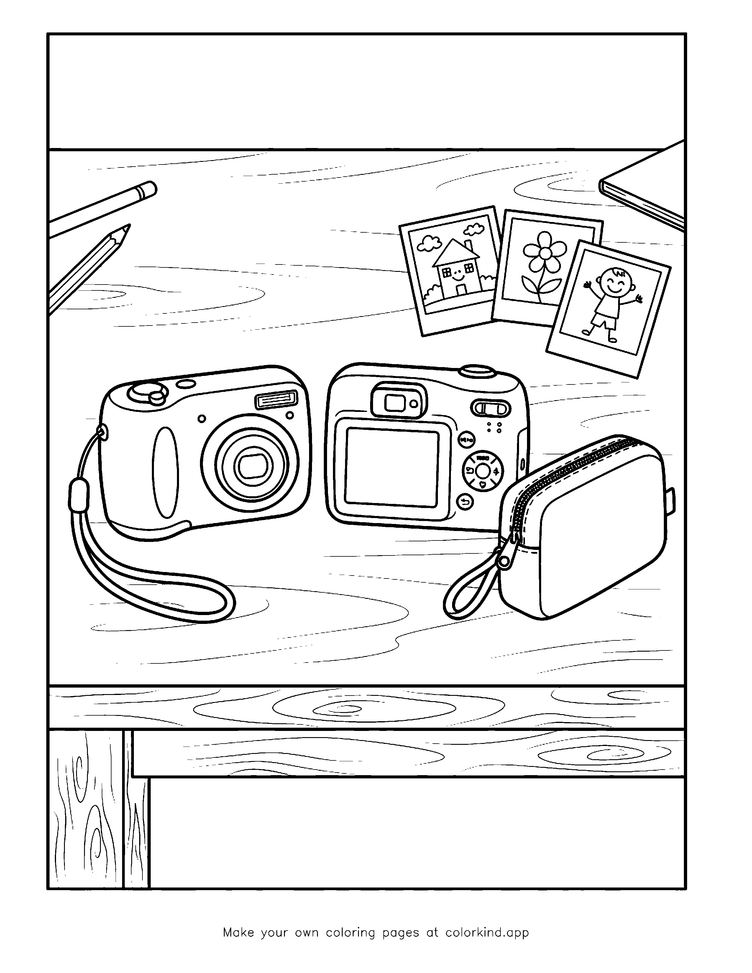 Y2K Digital Camera and Photo Prints as black-and-white printable coloring art