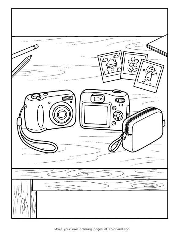 Y2K Digital Camera and Photo Prints as black-and-white printable coloring art