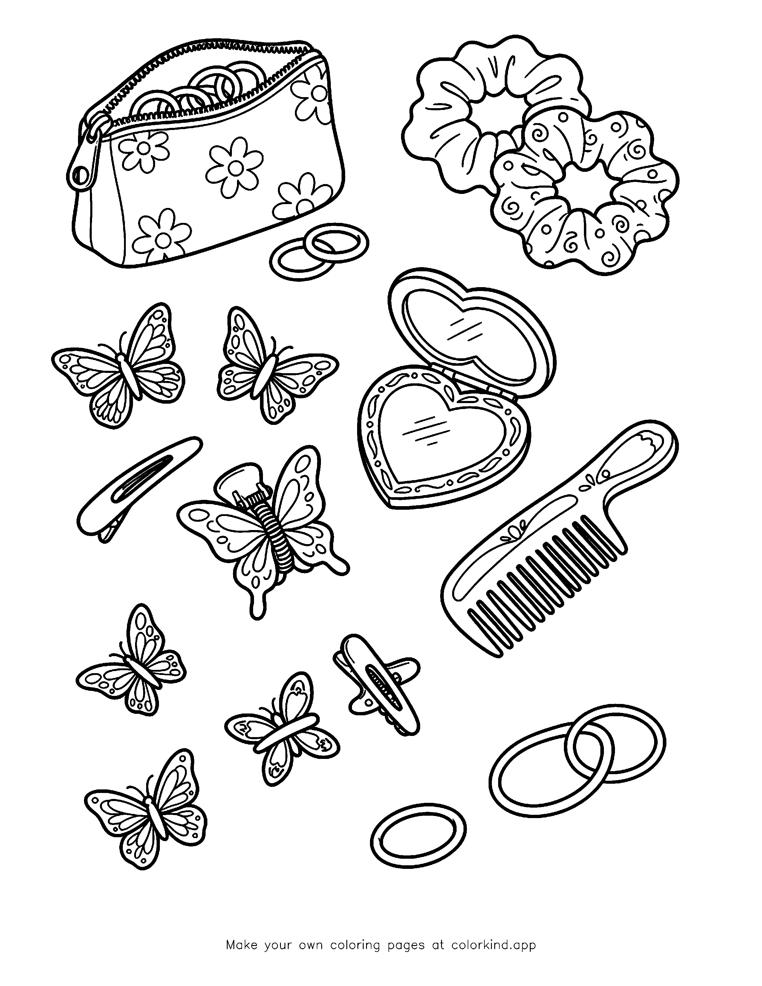 Y2K Butterfly Clips and Scrunchies as black-and-white printable coloring art