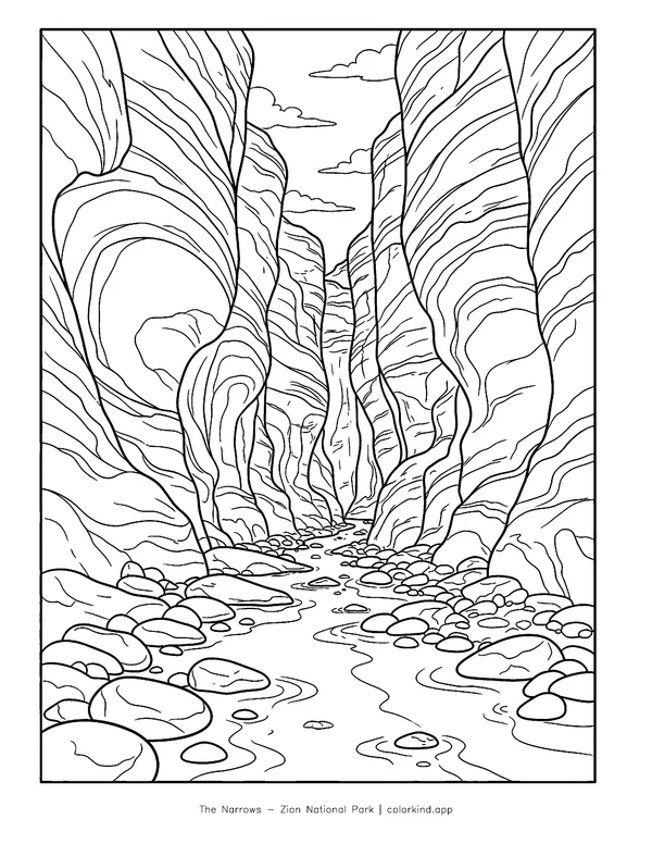 The Virgin River winding between the tall walls of the Zion Narrows in a black-and-white coloring illustration